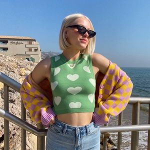 Green printed heart sweater tank top